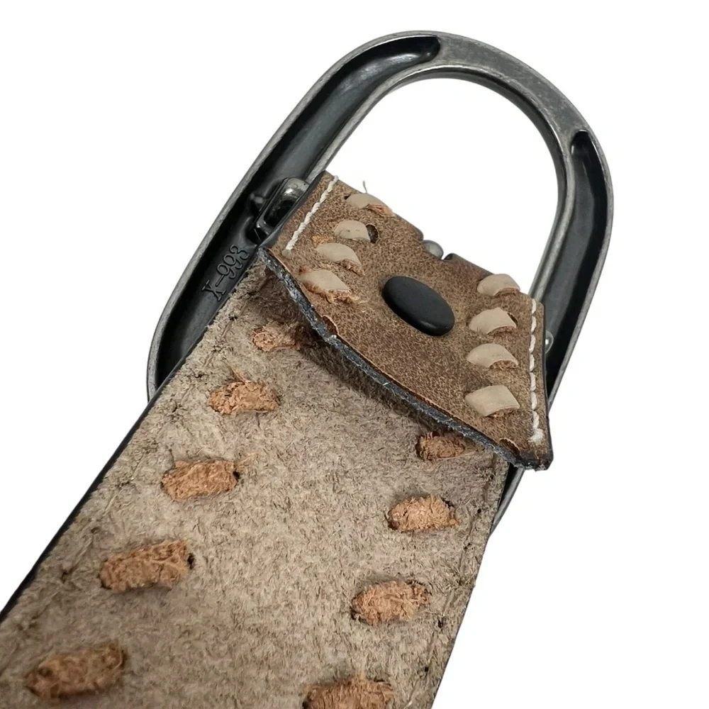 Leather Western Style Belt with woven stitch edging detail Silver Hardware small